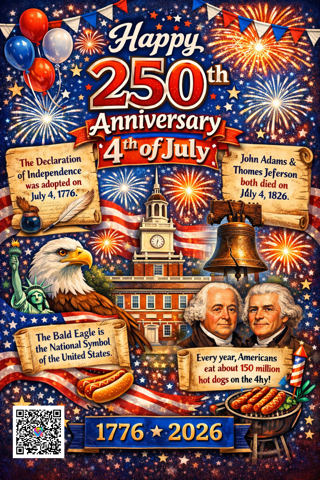 Fourth of July, 250th Anniversary, AI postcard & magnet