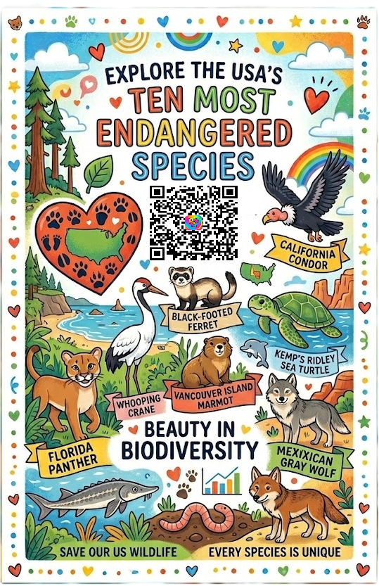 Ten most Endangered US species, QR code info.